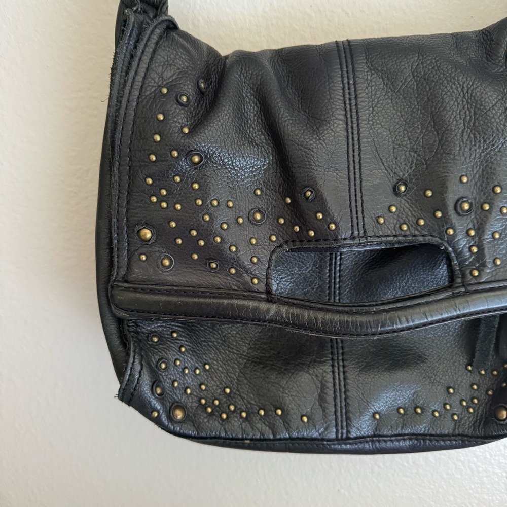 Lucky Brand 100% Black Leather Tote / Crossbody with studs - Picture 8 of 16